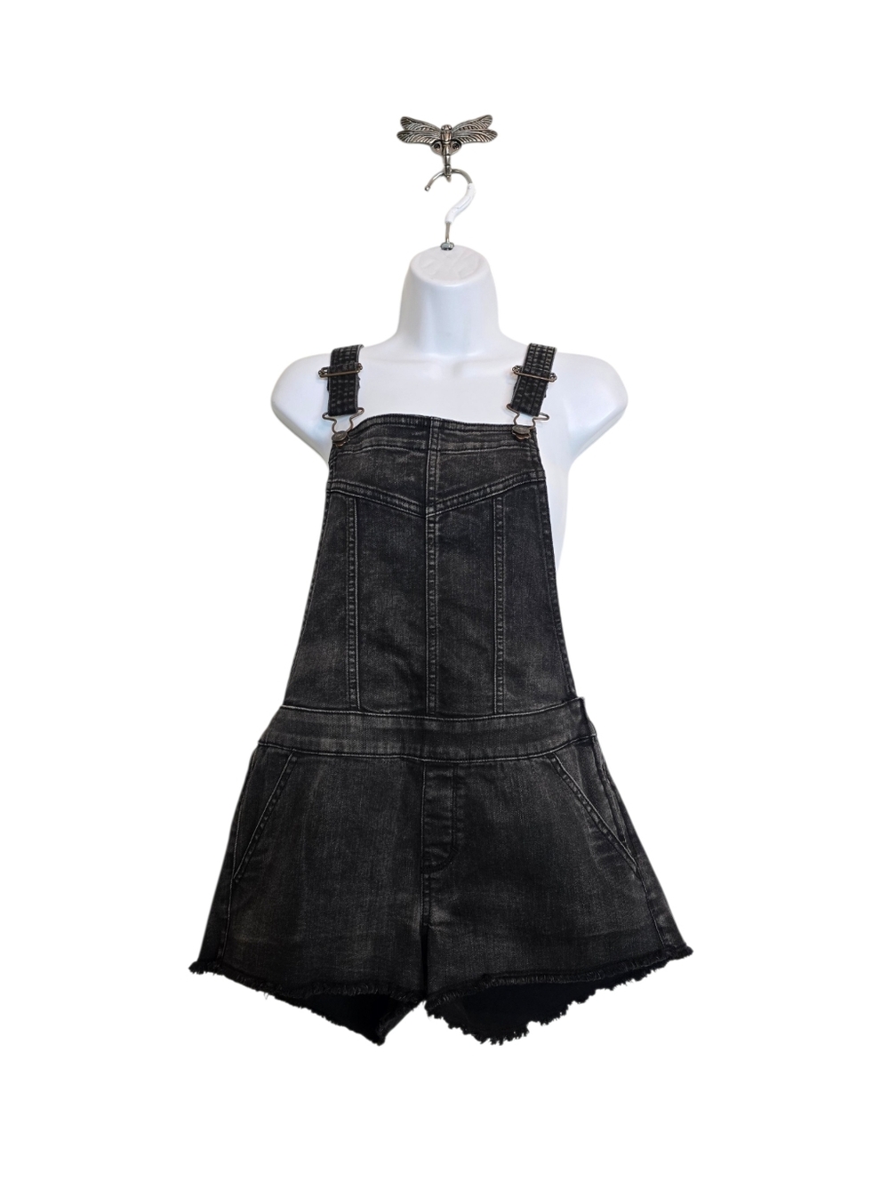 Abercrombie & Fitch Black Denim Short Overalls Women’s Size M Raw Hem